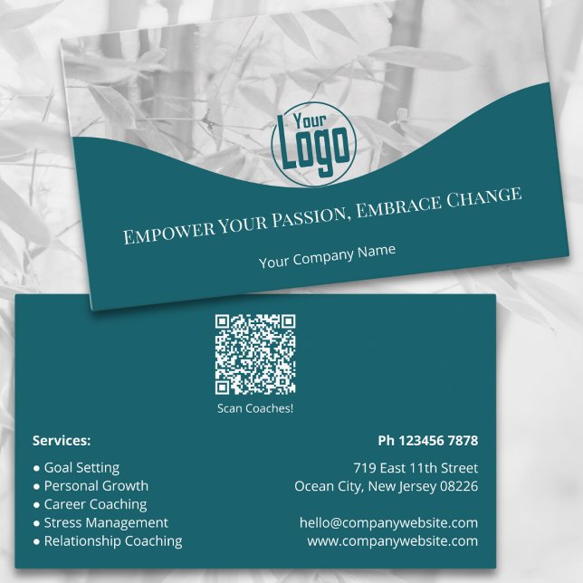 Teal Life Coach Services Company Business Card (Teal Life Coach Services Company Business Card, Landscape Format, QR code, Service List)