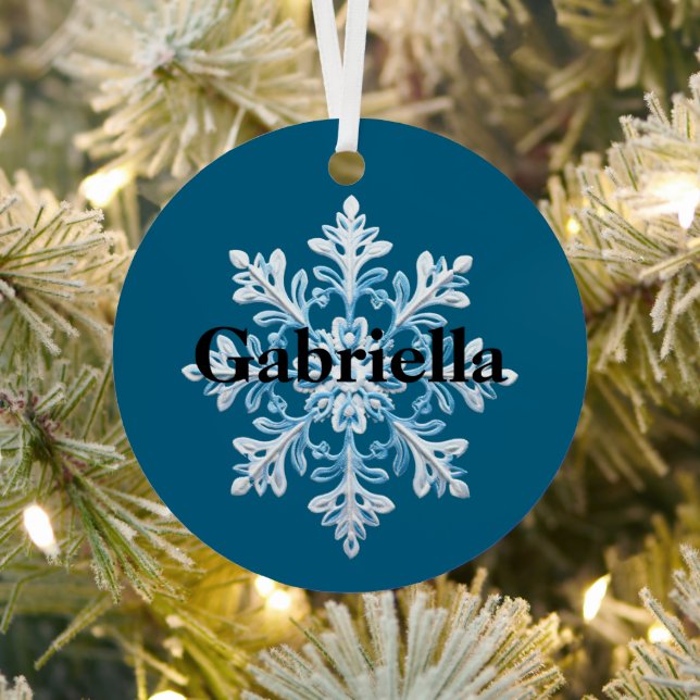 Teal Light Blue White Snowflake Christmas Metal Ornament (Insitu)