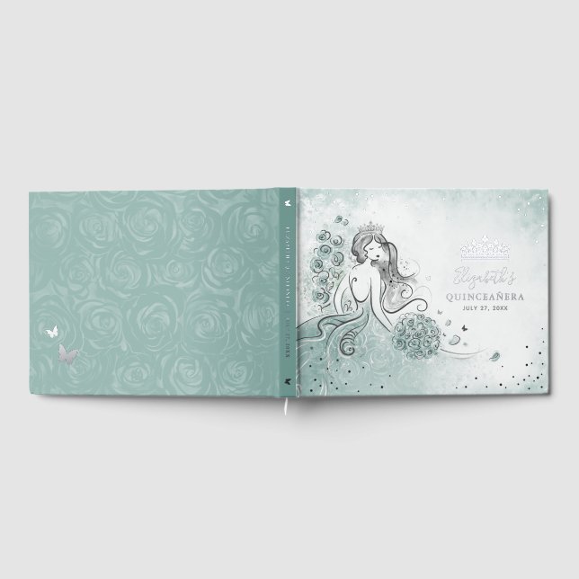 Teal Light Sage Seafoam Princess Quince Birthday Foil Guest Book (Full)