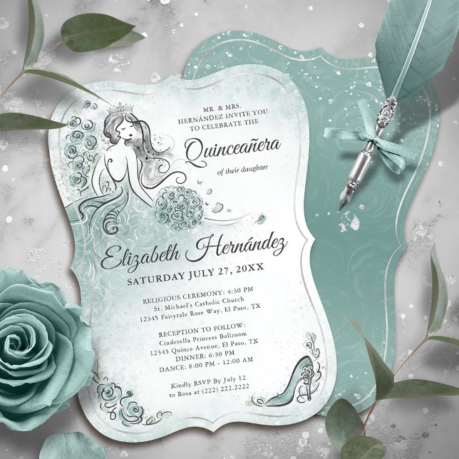Teal Light Sage Seafoam Princess Quince Birthday Invitation (Unique princess quinceanera invitations in soft shades of teal, light sage, and seafoam green.)