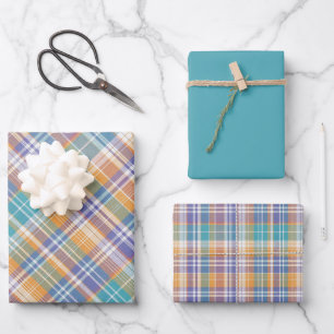 Teal, Lilac, Apricot & White Plaid Wrapping Paper Sheets