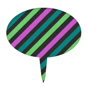 Teal, Lime Green, Hot Pink Glitter Striped STaylor Cake Topper