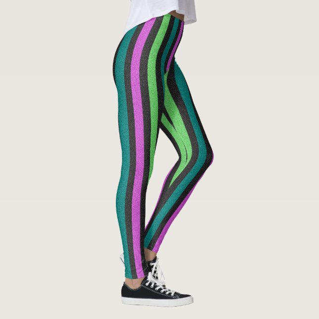 Teal, Lime Green, Hot Pink Glitter Striped STaylor Leggings (Right)