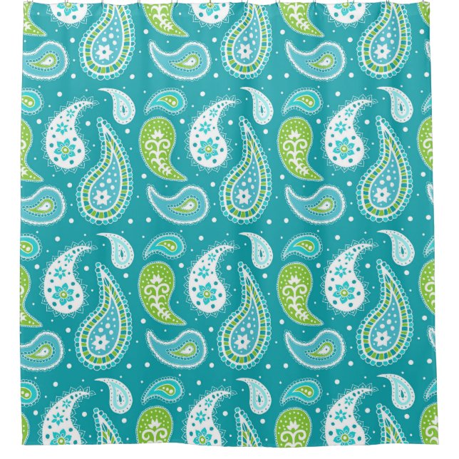 Teal Lime Green Paisley Pattern Shower Curtain (Front)