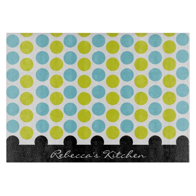 Teal & Lime Green Polka Dots Personalized Cutting Board (Front)