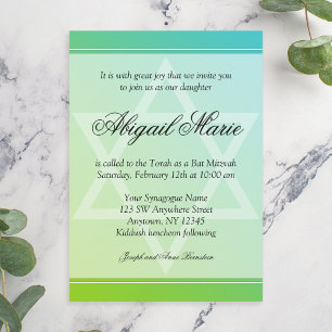 Teal Lime Green Star of David Bat Mitzvah Invitation