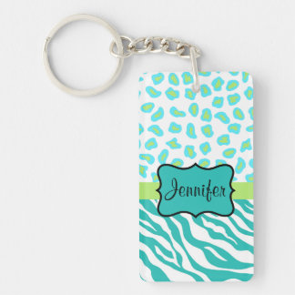 Teal Lime Green & White Zebra & Cheetah Skin Keychain