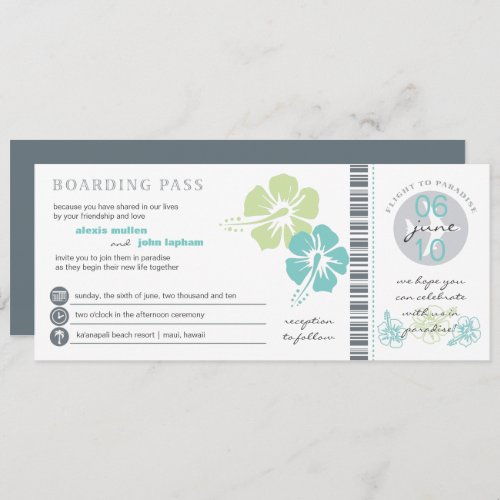 Teal  Lime Hibiscus Flower Boarding Pass Wedding Invitation