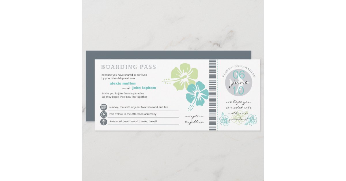 Teal & Lime Hibiscus Flower Boarding Pass Wedding Invitation | Zazzle
