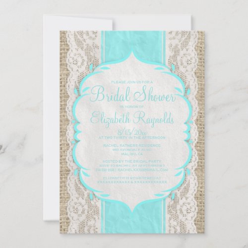 Teal Linen Burlap &amp; Lace Bridal Shower Invitations