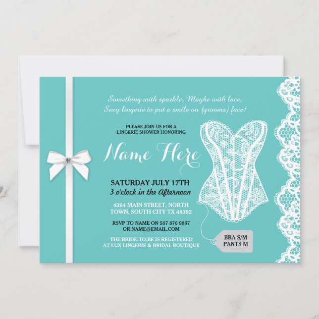 Teal Lingerie Shower Invite White Lace Bridal (Front)