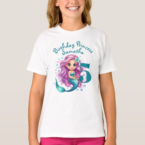 Teal Little Mermaid Watercolor Birthday Girl T_Shirt