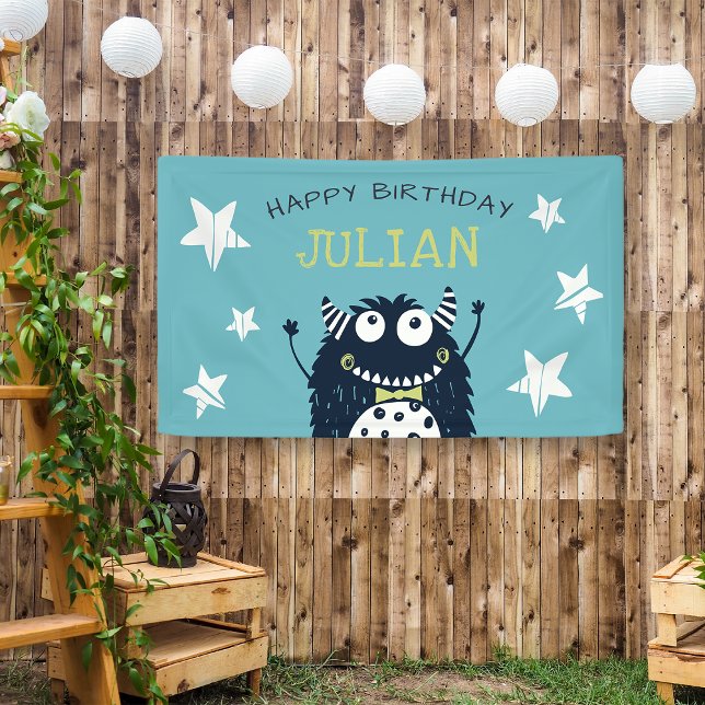 Teal | Little Monster Personalized Birthday Party Banner (Creator Uploaded)