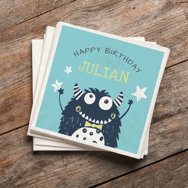 Teal | Little Monster Personalized Birthday Party Napkins (Creator Uploaded)