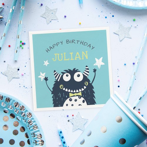 Teal  Little Monster Personalized Birthday Party Napkins