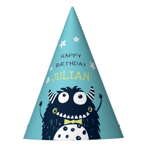 Teal  Little Monster Personalized Kids Birthday Party Hat