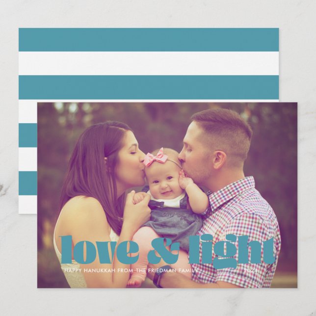 Teal Love and Light Single Photo Hanukkah Card (Front/Back)