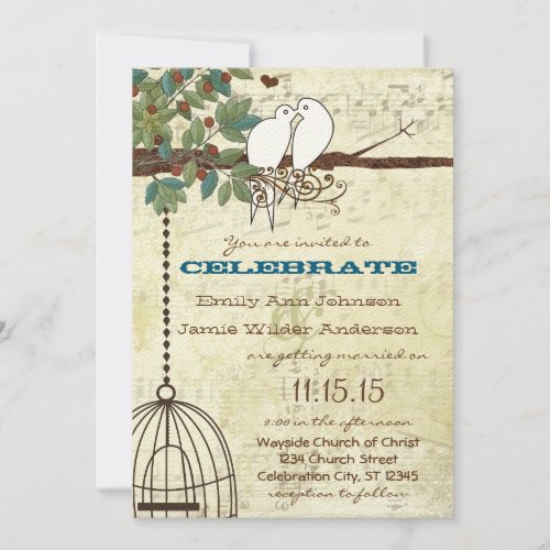 Teal Love Bird Doves Sitting In a Tree Wedding  Invitation