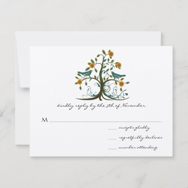 Teal Love Birds Coral Blooming Tree Wedding RSVP (Front)