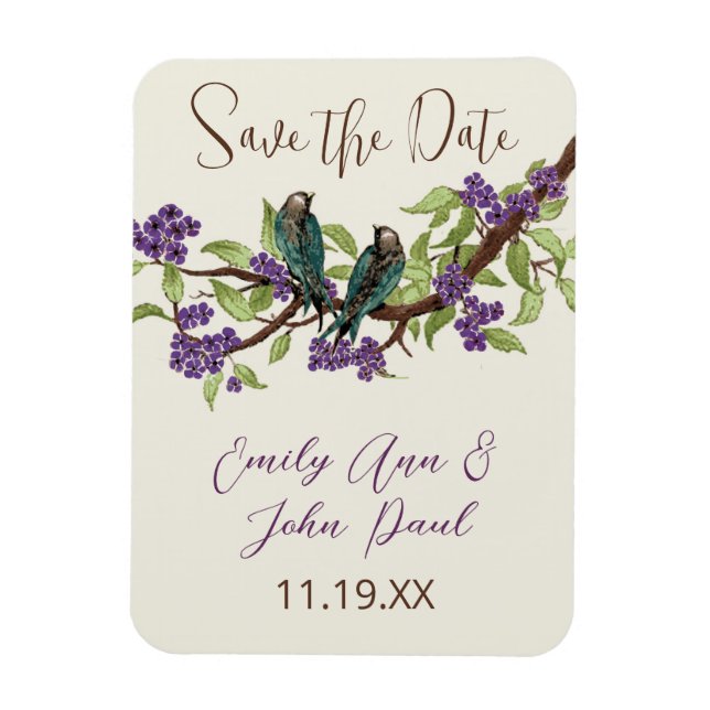 Teal Love Birds Purple Blooming Tree Magnet (Vertical)