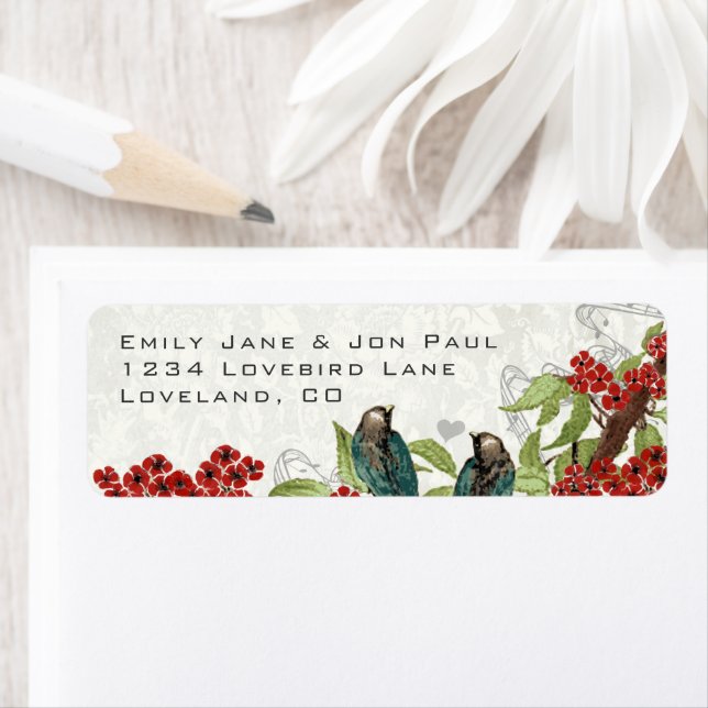 Teal Love Birds Red Flowers Branch RSVP Address   Label (Insitu)