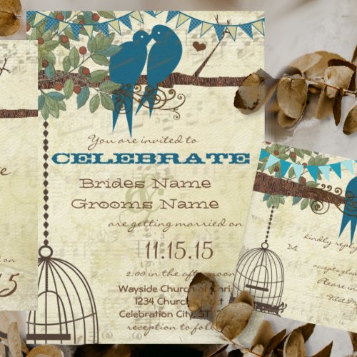 Teal Love Birds Sitting In a Bunting Tree Wedding Invitation
