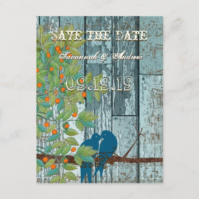 Teal Love Birds Sitting in a Tree Save the Date Announcement Postcard (Front)