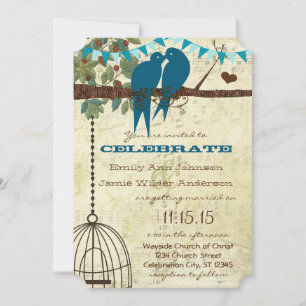 Teal Love Birds Sitting In a Tree Wedding Invite
