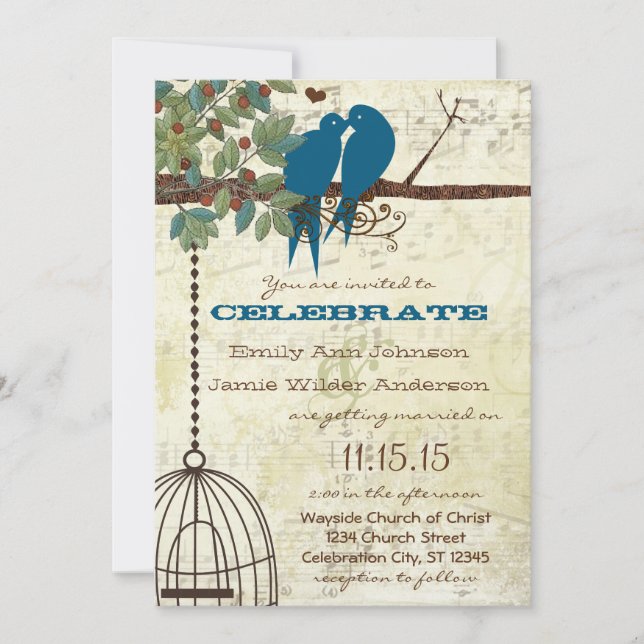 Teal Love Birds Sitting In a Tree Wedding Invite (Front)