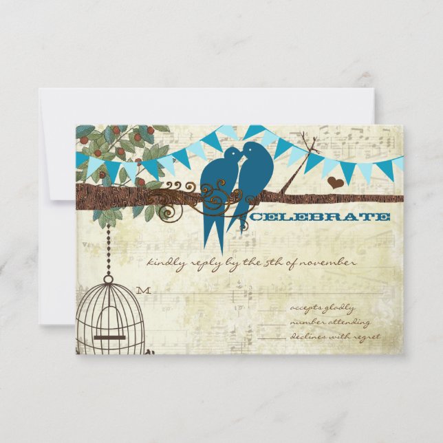 Teal Love Birds Sitting In a Tree Wedding RSVP (Front)