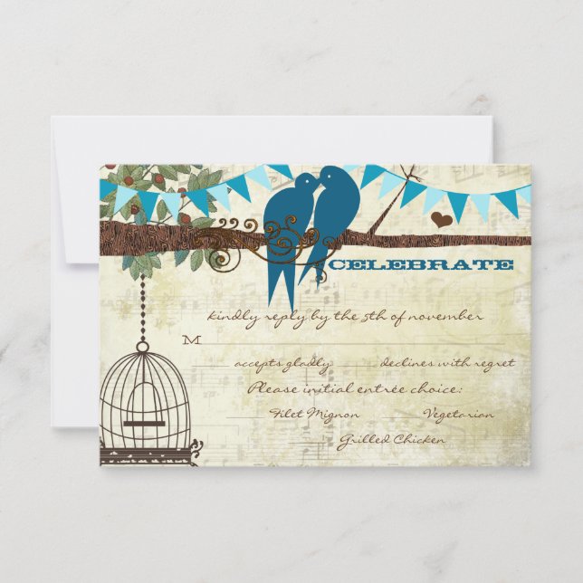 Teal Love Birds Sitting In a Tree Wedding RSVP (Front)