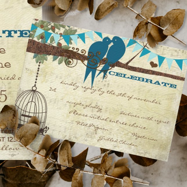 Teal Love Birds Sitting In a Tree Wedding RSVP Invitation (Creator Uploaded)