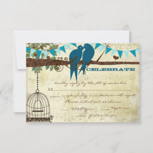 Teal Love Birds Sitting In a Tree Wedding RSVP Invitation