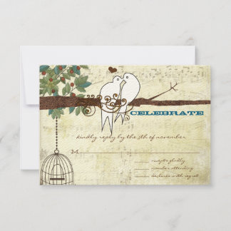 Teal Love Birds Sitting In a Tree Wedding RSVP Invitation