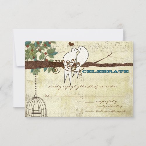 Teal Love Birds Sitting In a Tree Wedding RSVP Invitation