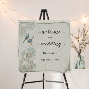 Teal Love Birds Welcome Sign Seating Chart on Back