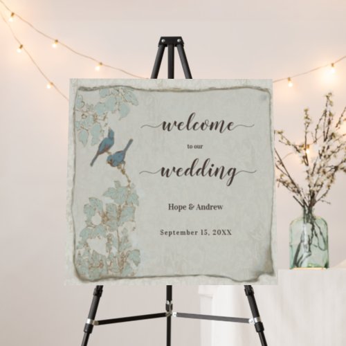 Teal Love Birds Welcome Sign Seating Chart on Back