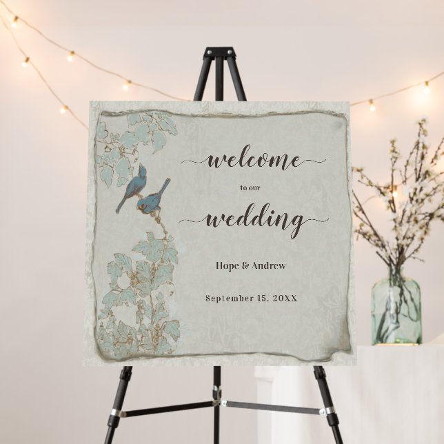 Teal Love Birds Welcome Sign Seating Chart on Back (In Situ (Stand))