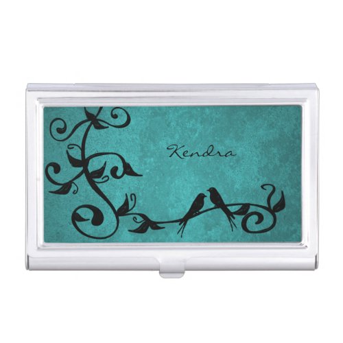 Teal Lovebirds Business Card Holder