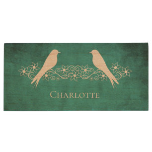 Teal Lovebirds Floral USB Wooden Flash Drive