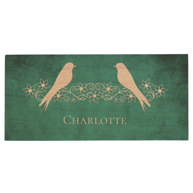 Teal Lovebirds Floral USB Wooden Flash Drive (Back)