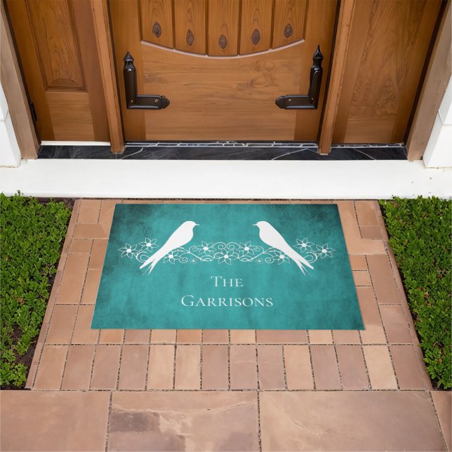Teal Lovebirds Floral Vine Personalized Doormat (Outdoor)
