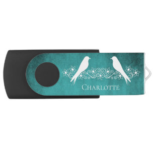 Teal Lovebirds Floral Vine USB Flash Drive