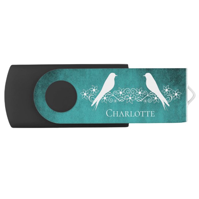 Teal Lovebirds Floral Vine USB Flash Drive (Front)