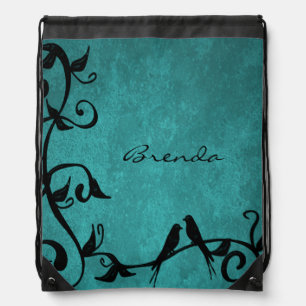 Teal Lovebirds Personalize Drawstring Backpack
