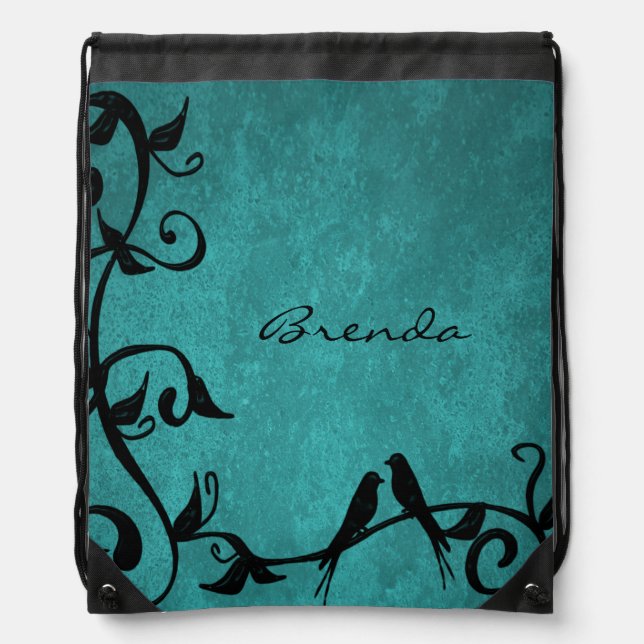 Teal Lovebirds Personalize Drawstring Backpack (Front)