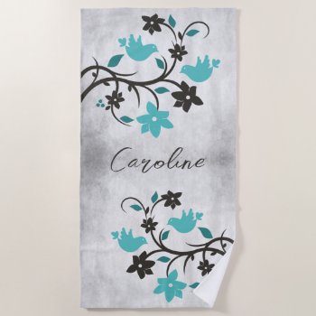 Teal Lovebirds Personalized Beach Towel by Superstarbing at Zazzle