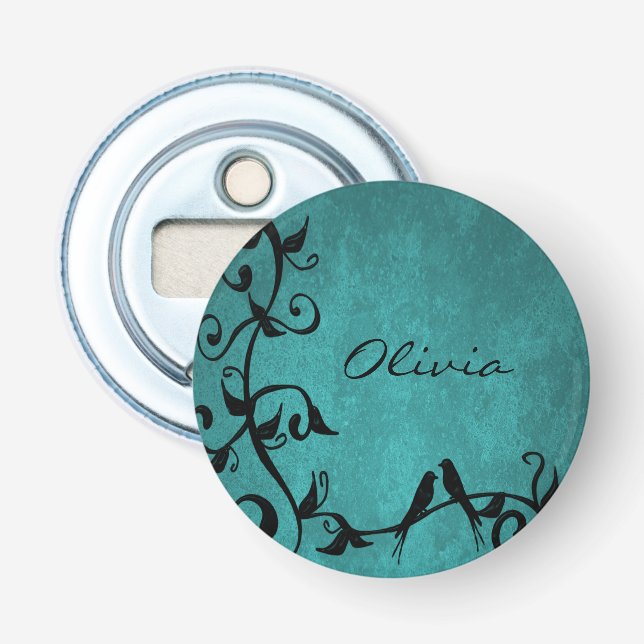 Teal Lovebirds Personalized Bottle Opener (Front)
