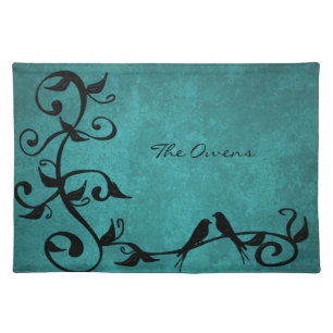 Teal Lovebirds Personalized Cloth Placemat