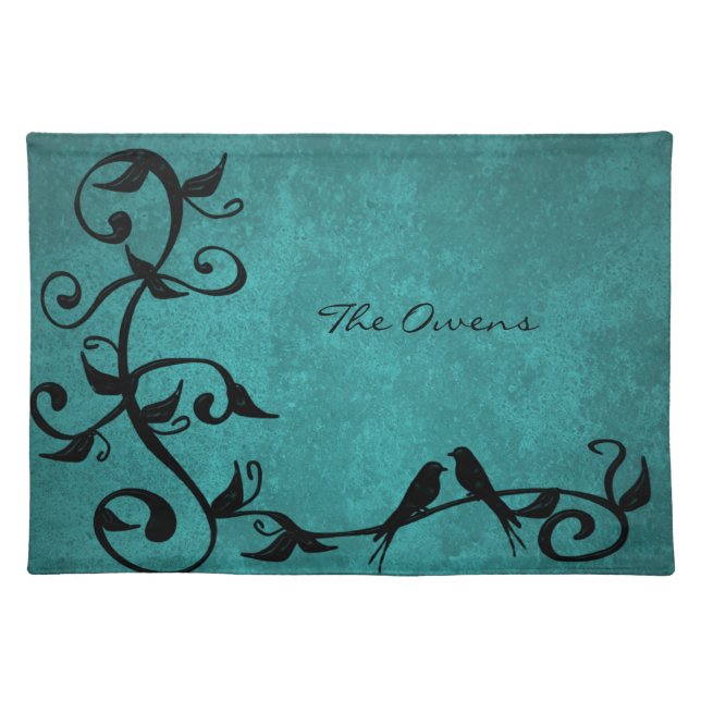 Teal Lovebirds Personalized Cloth Placemat (Front)
